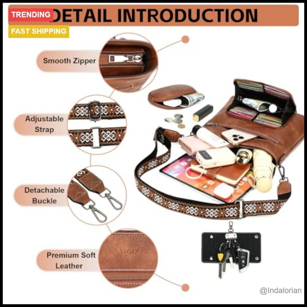 PU Leather Crossbody Bag Multi Pocket Adjustable Strap Roomy Chic Daily - Picture 6 of 7
